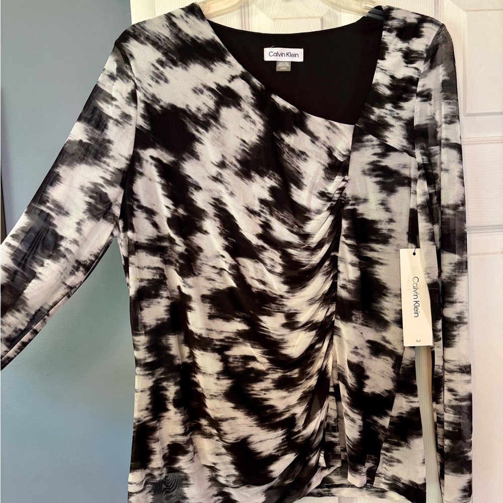 Calvin Klein Black and White Asymmetrical Ruched Blouse
